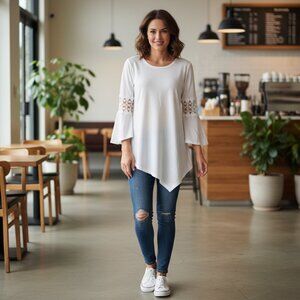 New Directions Off White 3/4  Length Lace Sleeve Asymmetrical Top Size M